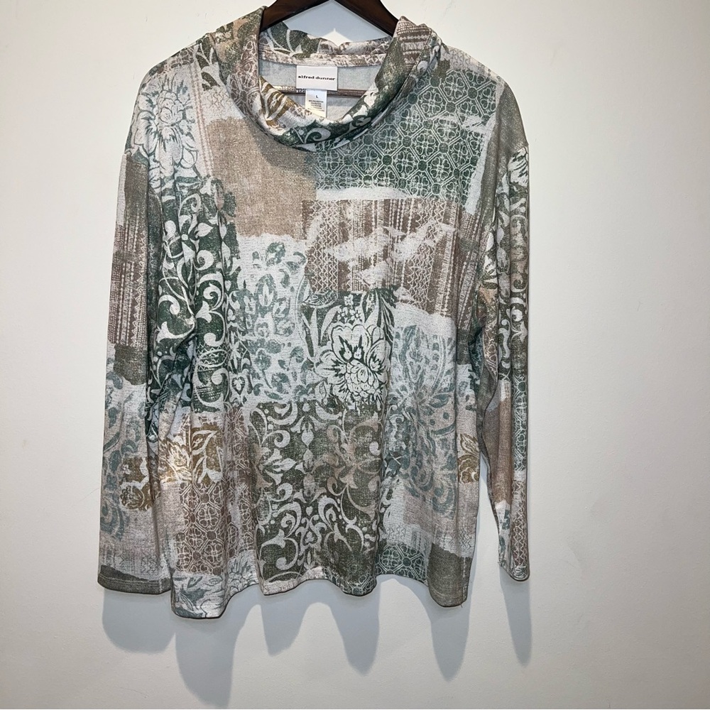 Alfred Dunner St. Moritz Shimmer Medallion Patchwork Cowl Neck Top Large NWOT